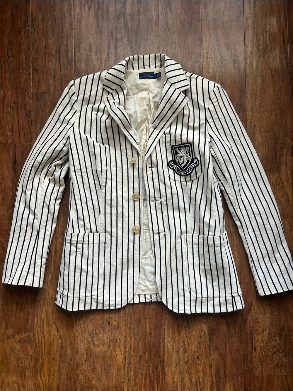 Polo by Ralph Lauren Cream Blazer with Navy Pinstripes and Crest Patch Cotton